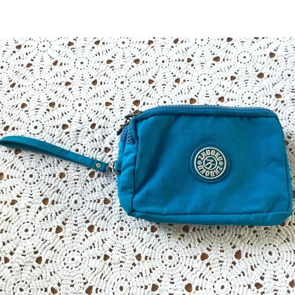 Zhuoku Nylon Wrist Bag Clutch with Strap 3- Pocket Unisex Teal Blue Travel Bag